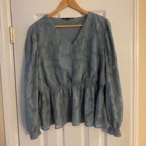 A Love Story Women's Blue Green Sheer Floral Shirred  Peplum Blouse Top Size XL